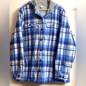 LL Bean Womens XL regular Sherpa Fleece Lined Flannel Hooded Plaid Shacket